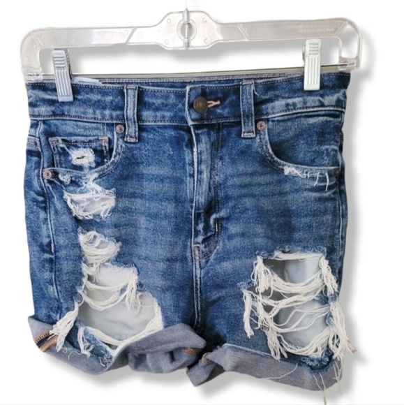 American Eagle Outfitters Pants - American Eagle distressed Shorts high waist Ripped frayed blue Jean 0 26"